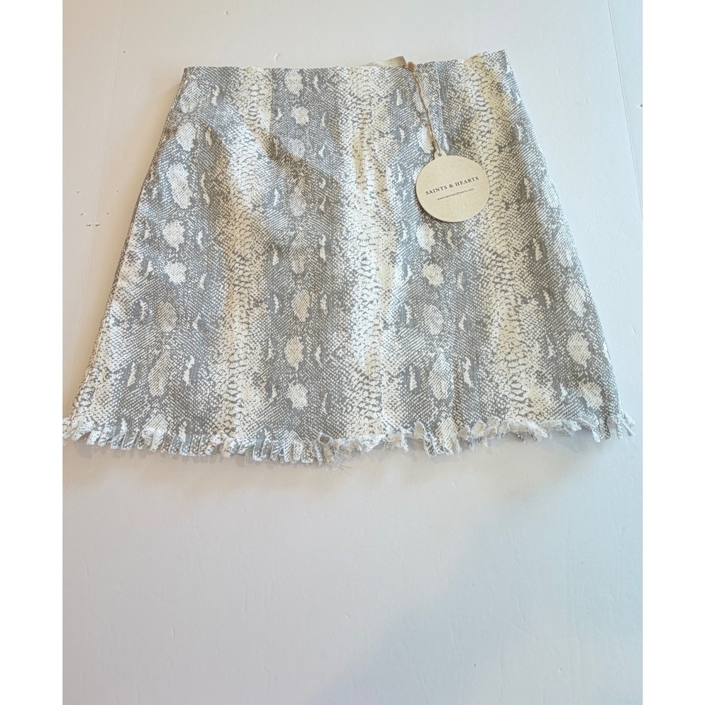 Saints & Hearts Snakeskin Print Frayed Hem Mini Skirt Grey White Large